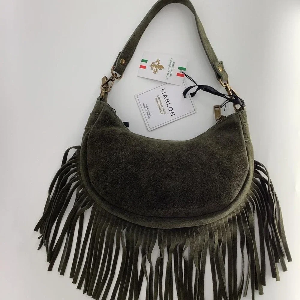 Marlon Firenze Olive Green Genuine Suede Fringe Hobo Shoulder Bag Italy NEW